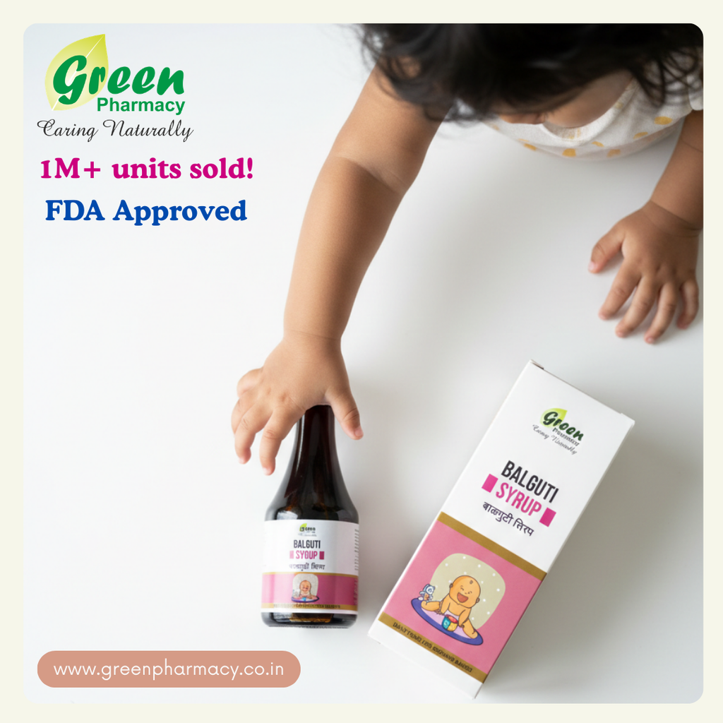 A baby's hand reaches for a bottle of Green Pharmacy Balgiti Syrup next to its pink and white packaging box, set against a clean white background with promotional text overlays.
