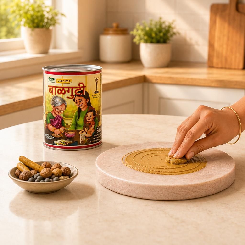 Person preparing food on a kitchen counter with a can of Balguti in the background.