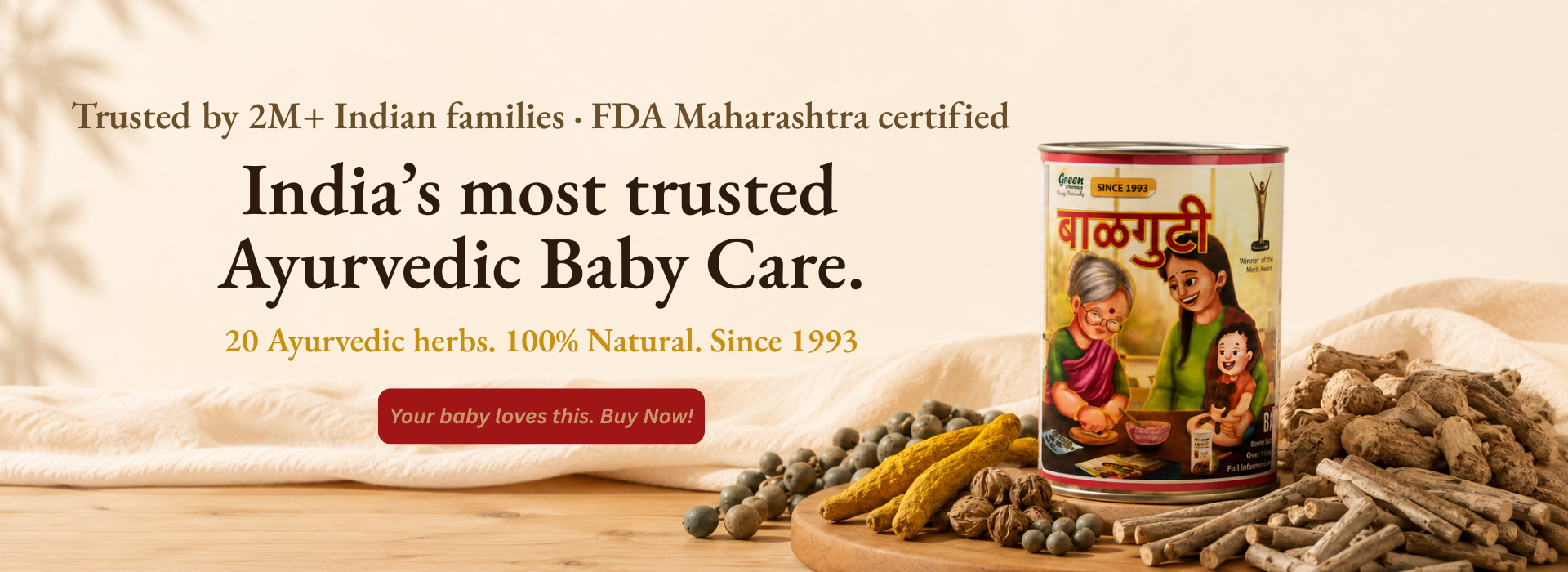 Ayurvedic baby care product with ingredients and branding text on a beige background