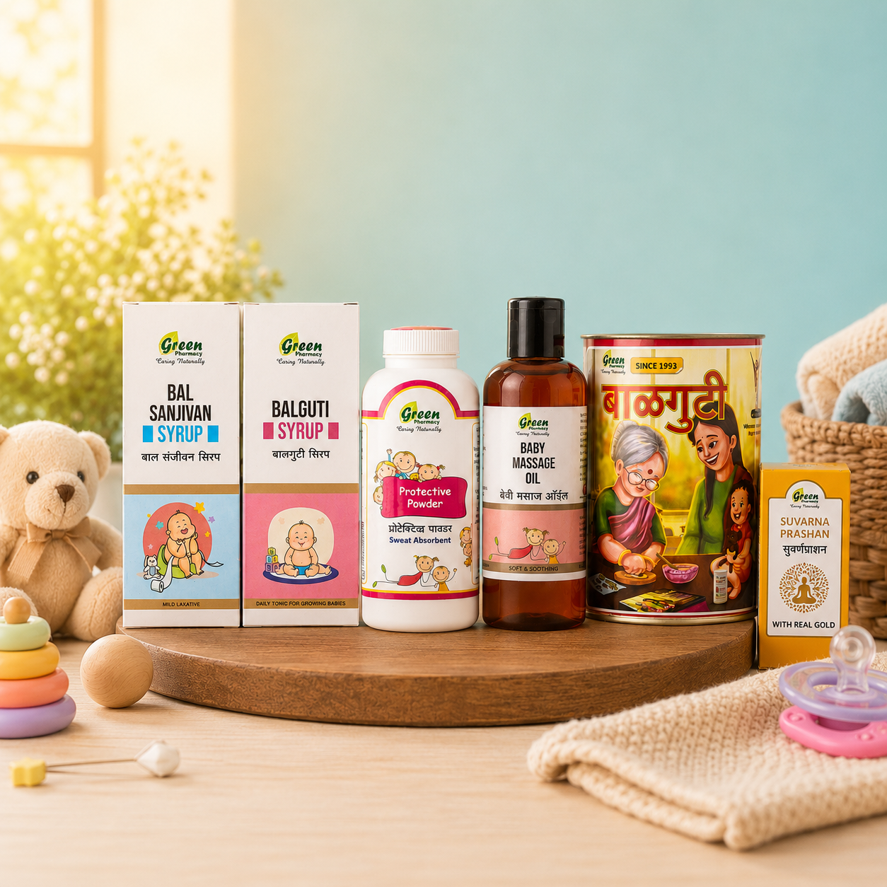 Collection of baby care products, natural, organic and Safe Green Pharmacy Balguti — Traditional Ayurvedic baby care since 1993