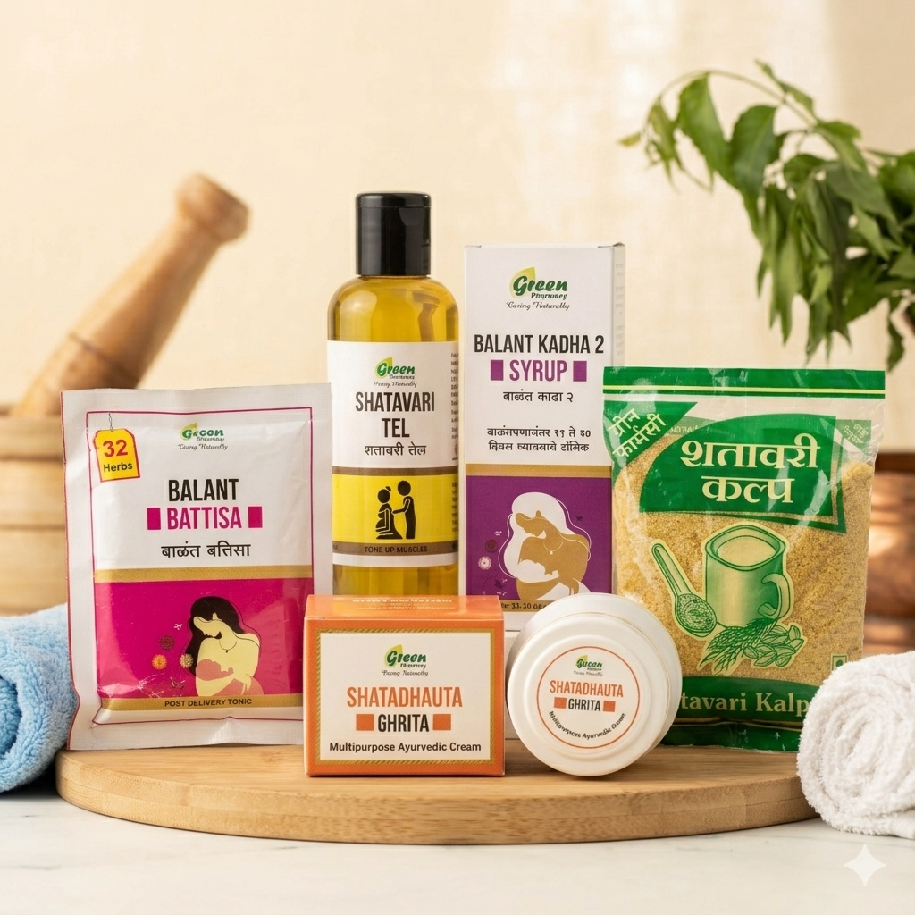 Collection of mother health care products, natural, organic and Safe Green Pharmacy Balguti — Traditional Ayurvedic baby care since 1993