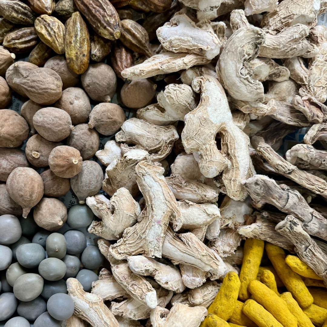 Close-up of various dried herbs and spices including ginger, cardamom, and turmeric. Green Pharmacy Balguti Safe Pure Natural